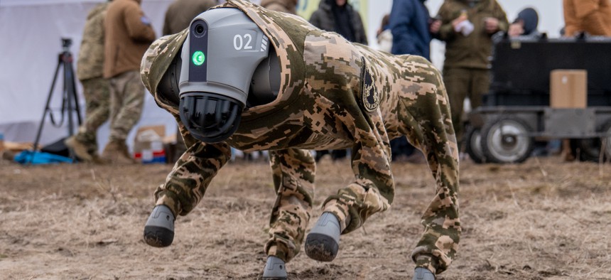  A robotic dog wearing a camouflage uniform is seen during Ukrainian military training on January 29, 2025, in Kyiv Oblast, Ukraine.