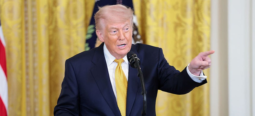  U.S. President Donald Trump speaks during a military mothers celebration in the East Room of the White House on May 6, 2026 in Washington, DC. Trump signed his new national counterterrorism strategy earlier in the day.