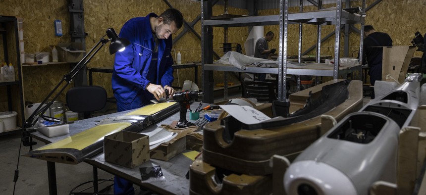 An Airlogix engineer puts together a new surveillance drone at the Airlogix production workshop in Kyiv, Ukraine, on November 9, 2022.