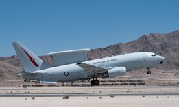A Royal Australian Air Force E-7 Wedgetail takes off from Nellis Air Force Base, Nevada, May 11, 2021. 