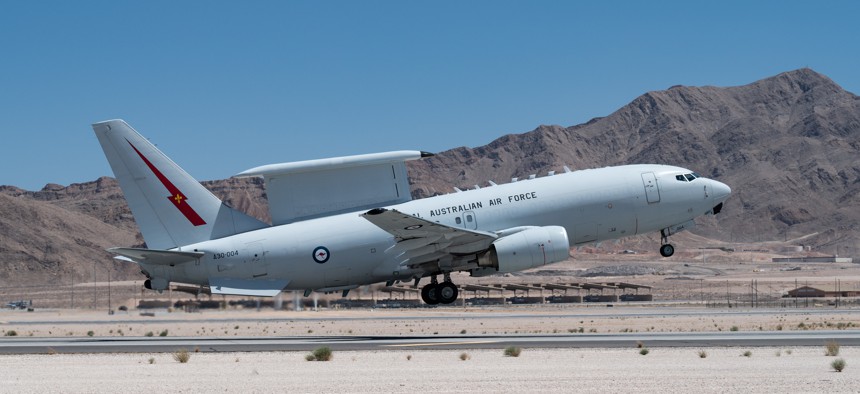 A Royal Australian Air Force E-7 Wedgetail takes off from Nellis Air Force Base, Nevada, May 11, 2021. 
