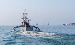 Seahawk, a Medium Unmanned Surface Vessel (MUSV) prototype, departs Naval Base Point Loma, California, Aug. 6, 2025.