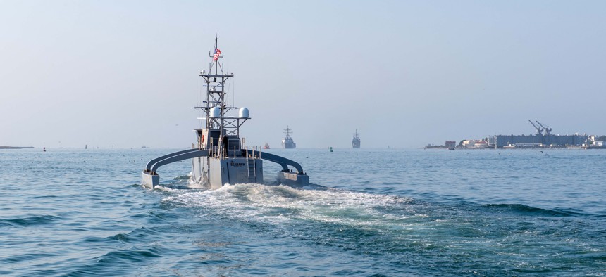 Seahawk, a Medium Unmanned Surface Vessel (MUSV) prototype, departs Naval Base Point Loma, California, Aug. 6, 2025.