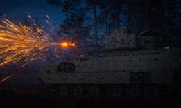 An M2A3 Bradley Infantry Fighting Vehicle of 1st Cavalry Regiment fires at a drone with its M242 25mm Bushmaster chain gun during Project Flytrap at Pabradė Training Area, Lithuania, May 10, 2026. 