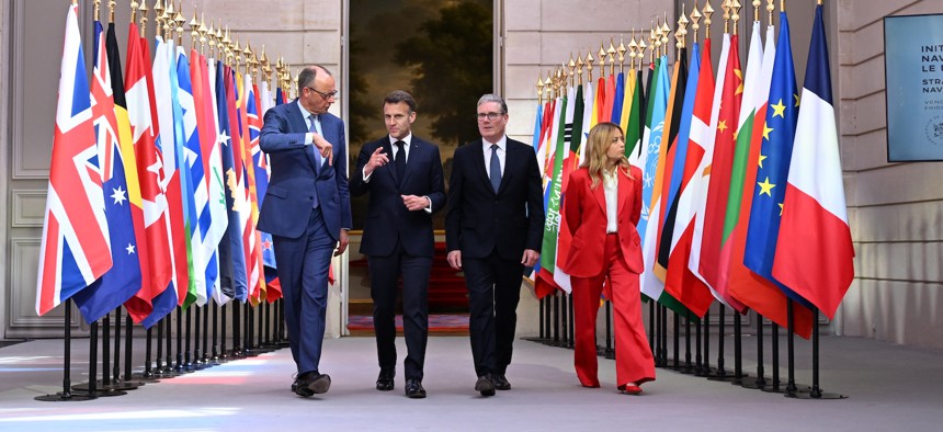 French President Emmanuel Macron, Italian Prime Minister Giorgia Meloni, British Prime Minister Keir Starmer, and German chancellor Friedrich Merz, arrive at the Elysee Palace to talk about navigation in the Strait of Hormuz, on April 17, 2026.