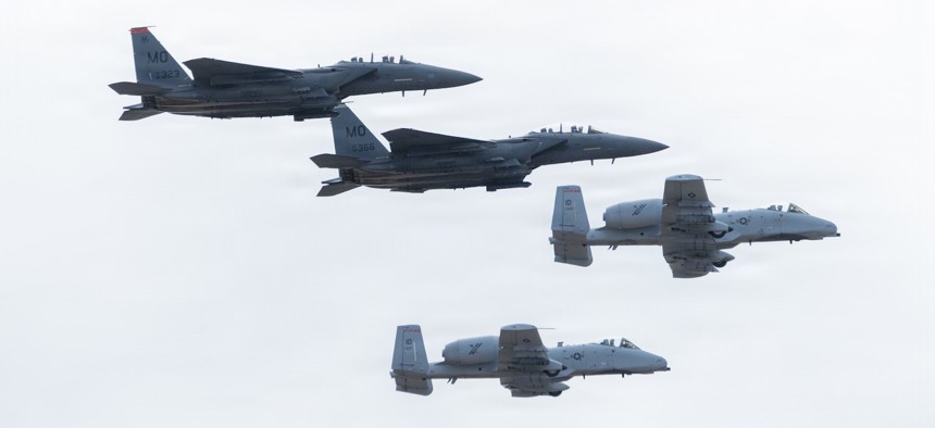 Two F-15E Strike Eagle aircraft, both assigned to the 366th Fighter Wing, fly alongside two A-10 Thunderbolt II aircraft assigned to the 124th Fighter Wing, Idaho Air National Guard at the Gunfighter Skies Air Show at Mountain Home Air Force Base, Idaho, May 16, 2026.