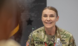 Army’s budget director Maj. Gen. Rebecca B. McElwain, seen here in a 2023 photo, discussed the current Pentagon budget request with reporters in May 2026.