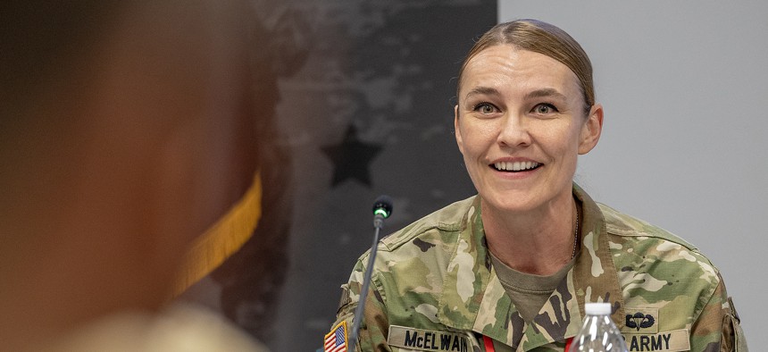 Army’s budget director Maj. Gen. Rebecca B. McElwain, seen here in a 2023 photo, discussed the current Pentagon budget request with reporters in May 2026.