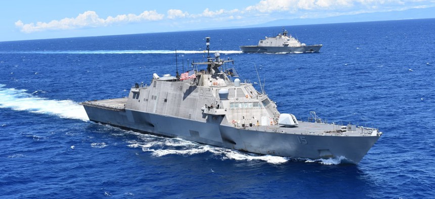 Undated file photo of Freedom-variant LCS USS Billings (LCS 15) and USS Wichita (LCS 13) in the Caribbean Sea.