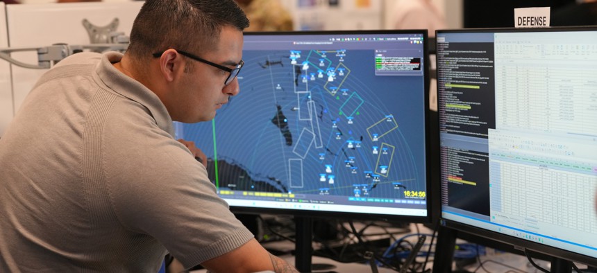 A U.S. Air Force air battle manager participates in an Air Force experiment at the 805th Combat Training Squadron’s unclassified location in downtown Las Vegas, Nev., on July 29, 2025.