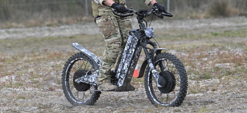 A French special-operations soldier demonstrated an e-bike at the Souge camp in Martignas sur Jalle, France, in April 2025.