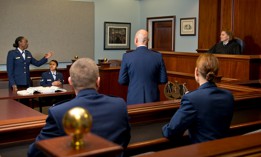 A mock trial courtroom scene at The Air Force Judge Advocate General's School located at Maxwell Air Force Base, Alabama.