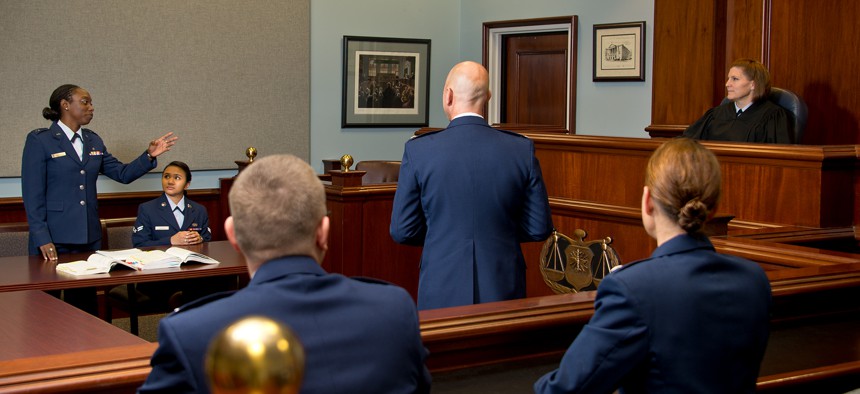 A mock trial courtroom scene at The Air Force Judge Advocate General's School located at Maxwell Air Force Base, Alabama.