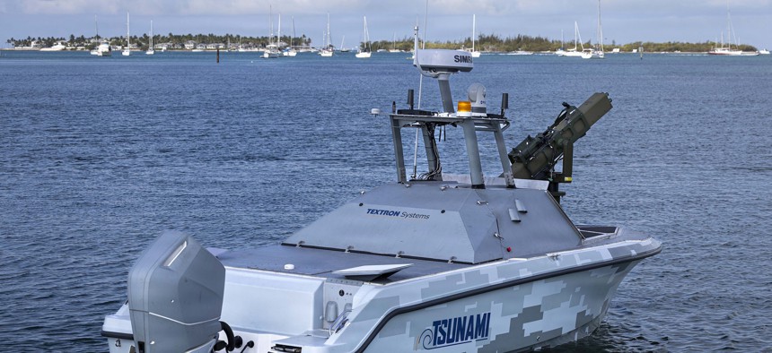 A Tsunami unmanned surface vehicle (USV) goes underway during U.S. 4th Fleet's annual Fleet Experimentation (FLEX) 2026 event in Key West, Fla., on April 26, 2026.