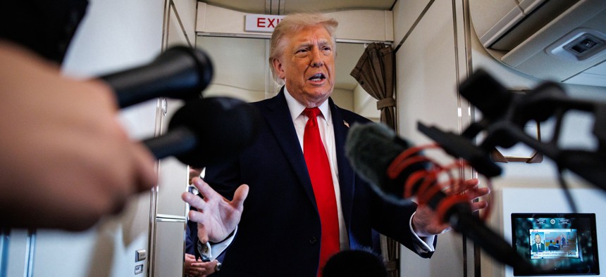 President Donald Trump speaks with reporters while aboard Air Force One on June 5, 2026 en route to Chippewa Falls, Wisconsin.