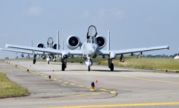 USAF A-10 Thunderbolt IIs taxi before the Air Defender 2023 military exercises on June 9, 2023, in Lechfeld, Germany.
