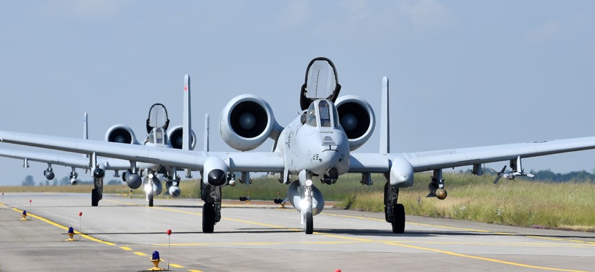 USAF A-10 Thunderbolt IIs taxi before the Air Defender 2023 military exercises on June 9, 2023, in Lechfeld, Germany.