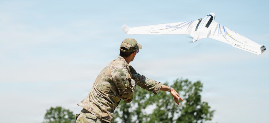 Airmen assigned to the 184th Wing’s Point Defense Battle Lab test autonomous drone swarm capabilities during a live demonstration at Smoky Hill Air National Guard Range near Salina, Kansas, May 7, 2026.