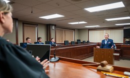 A judge advocate speaks to a judge, July 3, 2025, at Malmstrom Air Force Base, Mont. 