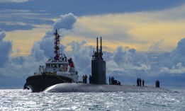  USS Hampton, a Los Angeles-class fast attack submarine, approaches the island of Saipan of the Northern Mariana Islands in this 2021 photo.