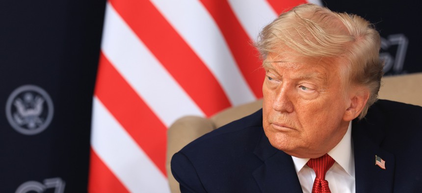 U.S. President Donald Trump looks on during a bilateral meeting with Indian Prime Minister Narendra Modi during the G7 Summit on June 17, 2026 in Evian-les-Bains, France.