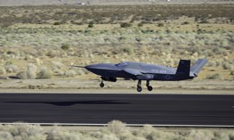 A YFQ-42A Collaborative Combat Aircraft lands after a test flight at a California test location in August 2025.