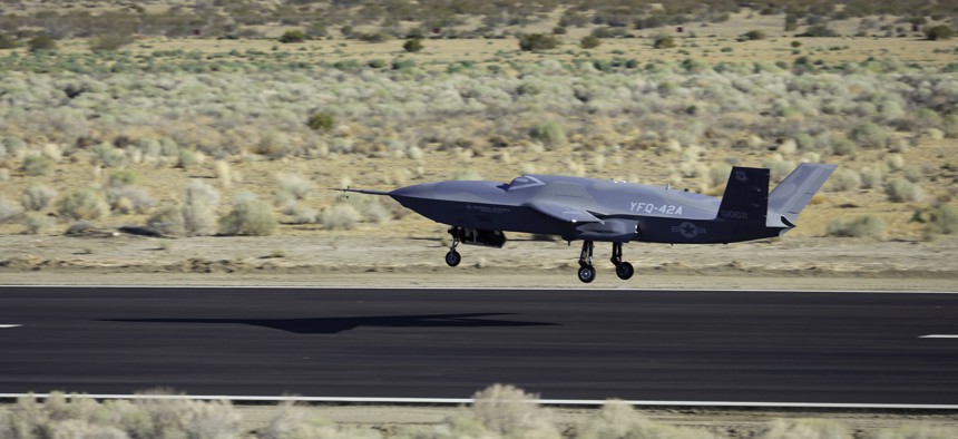 A YFQ-42A Collaborative Combat Aircraft lands after a test flight at a California test location in August 2025.