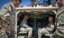 Gen. Ronald Clark, left, commander of U.S. Army Pacific, and Maj. Gen. Patrick Ellis, commander of 4th Infantry Division, discuss Next-Generation Command and Control technology at Fort Carson, Colorado, Apr. 15, 2026.