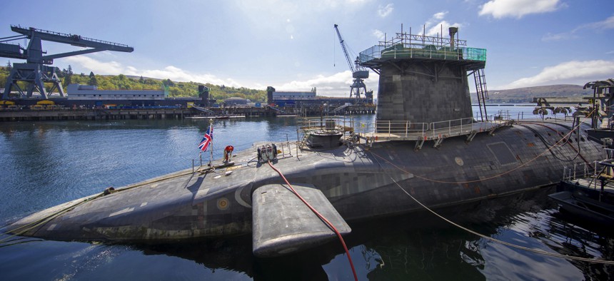 The Vanguard-class submarine HMS Vigilant, one of the UK's four nuclear-missile submarines, sits at HM Naval Base Clyde, Faslane, Scotland in 2019.
