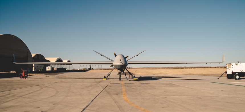 A General Atomics MQ-9 SkyGuardian Unmanned Aerial Vehicle at the U.S. Army Yuma Proving Grounds in Yuma, Ariz., Nov. 7, 2019. 