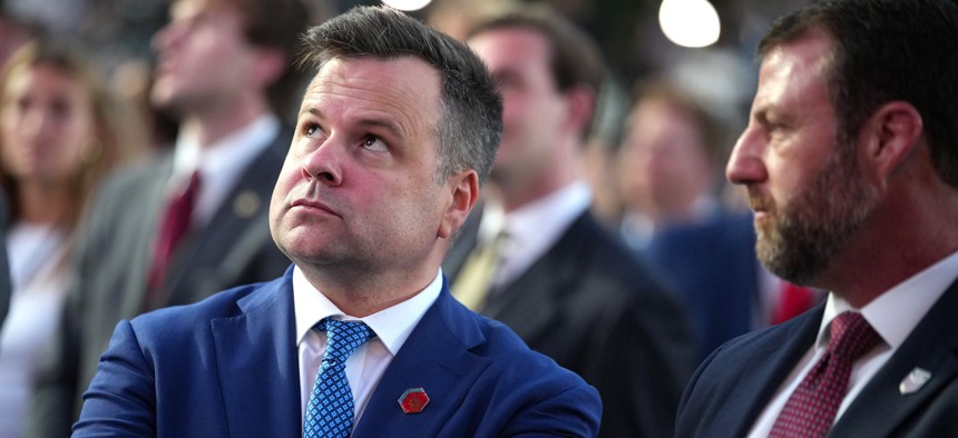 Acting Director of National Intelligence is Bill Pulte (L) and U.S. Secretary of the Department of Homeland Security Markwayne Mullin attend a rally to kick off the Great American State Fair on the National Mall on June 24, 2026 in Washington, DC. 