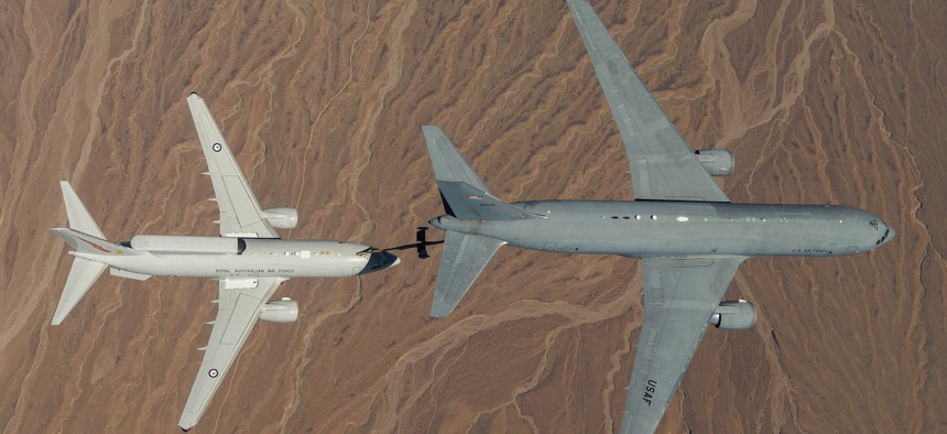 A KC-46A positions to refuel a Royal Australian Air Force E-7A Wedgetail in the airspace near Edwards Air Force Base, Calif., in 2025.