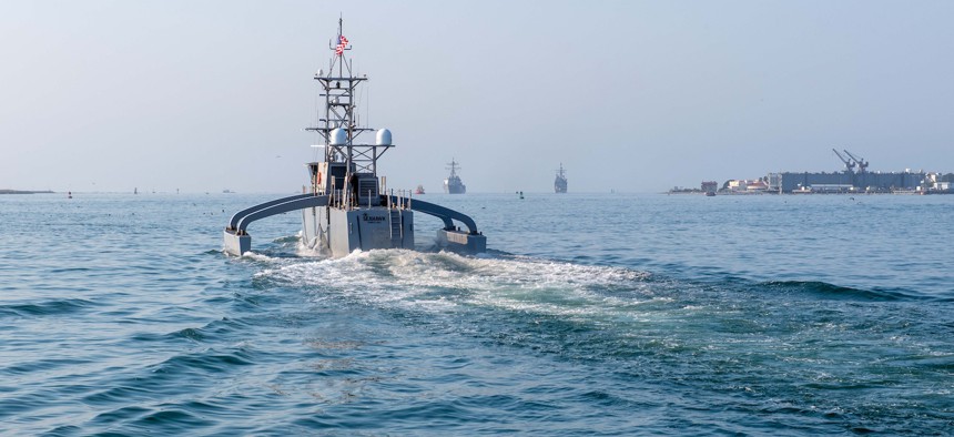Seahawk, a Medium Unmanned Surface Vessel (MUSV) prototype, departs Naval Base Point Loma, California, Aug. 6, 2025.