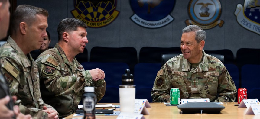 Air Force Chief of Staff Gen. Ken Wilsbach receives a mission brief from 100th Air Refueling Wing leadership during an office call at RAF Mildenhall, England, July 13, 2026. 
