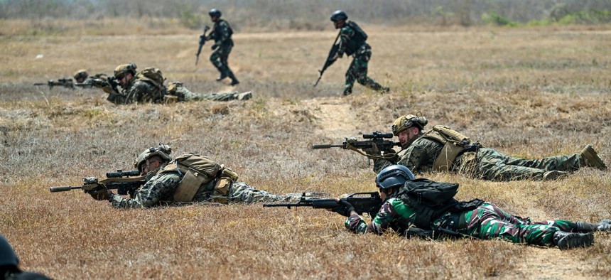 U.S. and Indonesian Marines take part in the Super Garuda Shield joint military exercise at the Bhumi Marinir Karangpilang in Surabaya on August 27, 2024.