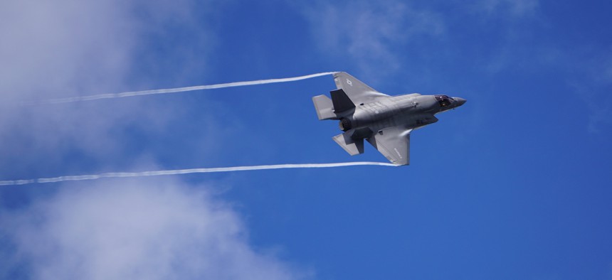 An F-35B Lightning II performs an aerial demonstration at the Farnborough International Air Show, July 17, 2016.