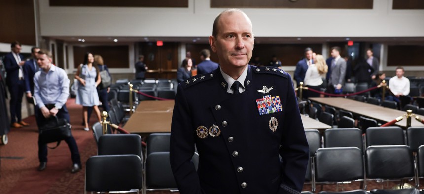 Lt. Gen. Douglas A. Schiess stands after his Senate Armed Services Committee confirmation hearing on Capitol Hill on July 16, 2026.
