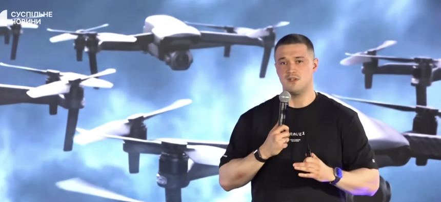 In a screenshot of the live streaming by Ukraine public television, Ukrainian defense minister Mikhailo Federov gives a final press briefing on July 15 after his firing by President Volodymr Zelenskyy.