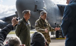 Royal Air Force Air Marshal Johnny Stringer, then the deputy commander of NATO Allied Air Command, right, speaks with media during the Bomber Task Force 25-2 media day at RAF Fairford, England, March 11, 2025.