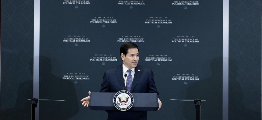 Secretary of State Marco Rubio speaks at an event titled "Ministerial on the Resurgence of Political Terrorism" at the US Department of State on July 16, 2026, in Washington, D.C.