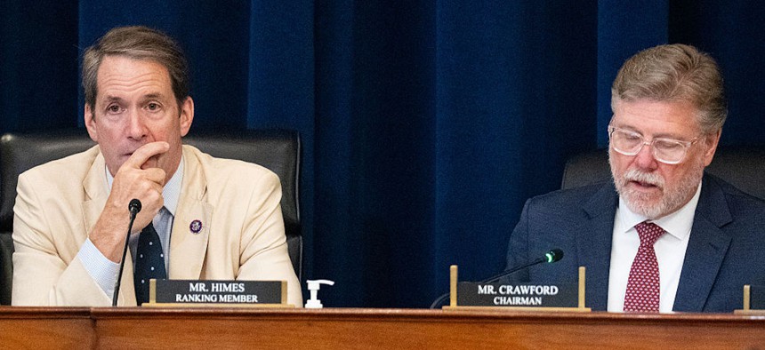 Ranking member Rep. Jim Himes, D-Mass., left, and chairman Rep. Rick Crawford, R-Ark., conduct the House Select Intelligence Committee hearing on "25 Years After 9/11: Confronting the Next Generation of Threats" on Tuesday, July 21, 2026. 