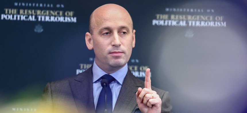 White House Deputy Chief of Staff Stephen Miller addresses the audience during opening remarks at the Ministerial on the Resurgence of Political Terrorism at the State Department on July 16, 2026, in Washington, D.C. 