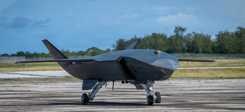 Boeing Defence Australia’s MQ-28 Ghost Bat, a production representative test aircraft, prepares for a taxi test during Exercise Valiant Shield 2026 in the Northern Mariana Islands, June 21, 2026. 