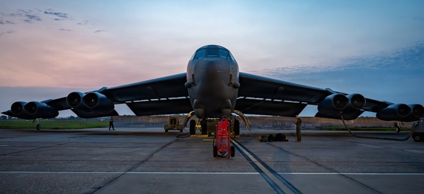 A B-52H Stratofortress receives preflight maintenance at Barksdale Air Force Base, Louisiana, June 25, 2026. 