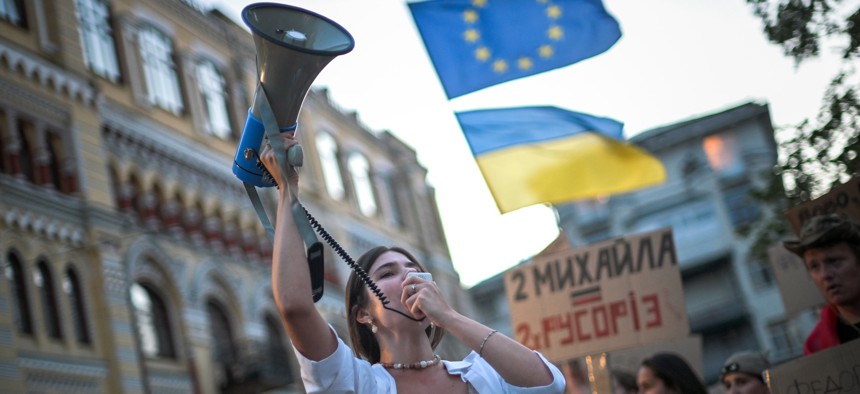 July 24 Protests in Ivana Franka Square, Kyiv to re-instate Ukrainian Defence Minister Mykhailo Fedorov.