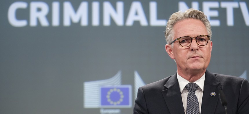 Acting Executive Director of Europol Jurgen Ebner talks to media at the EU Commission headquarters on June 26, 2026, in Brussels, Belgium.