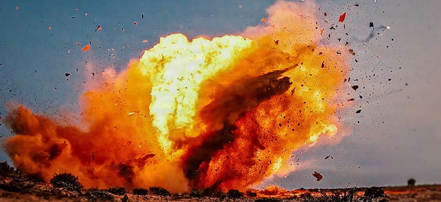 A cruise missile hits a target during a live-fire demonstration in Tan-Tan, Morocco, Aug. 6, 2026.
