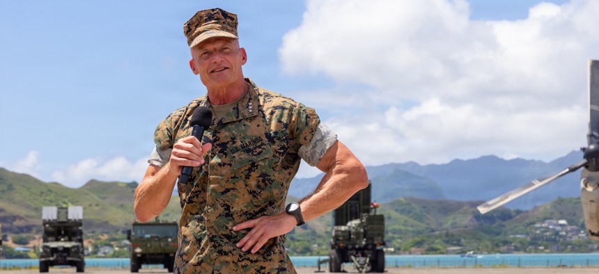Lt. Gen. Roger Turner, the incoming commander of U.S. Marine Corps Forces, Pacific, speaks during the change of command ceremony in Hawaii, Aug. 11, 2026.