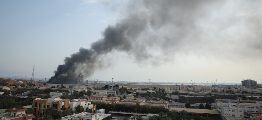 Smoke rises after Iran launched a missile attack targeting the headquarters of the U.S. Navy's Fifth Fleet in Manama, Bahrain, on February 28, 2026.