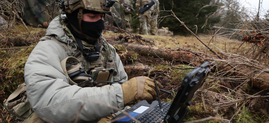 A 10th Mountain Division soldier operates a simulation of the Low Altitude Stalking and Strike Ordnance (LASSO) loitering munition during the Combined Resolve 25-1 exercise at the Hohenfels Training Area near Hohenfels, Germany, on February 3, 2025.